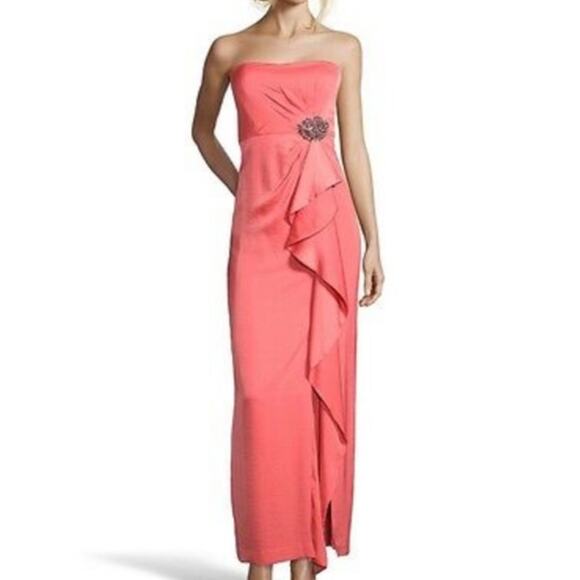 BCBGMAXAZRIA Ila Cascading Ruffle Front Dress Gown in Coral Pink - Picture 1 of 12